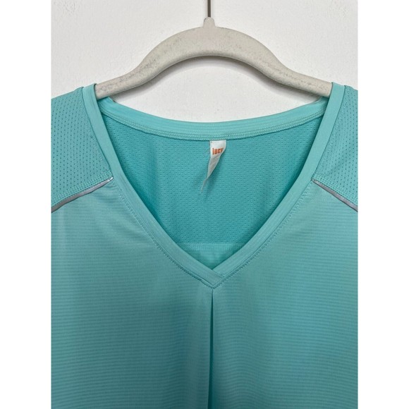 Lucy Small Athletic Top Teal Blue Mesh Short Sleeve Drawstring Reflective Strips - Picture 2 of 9